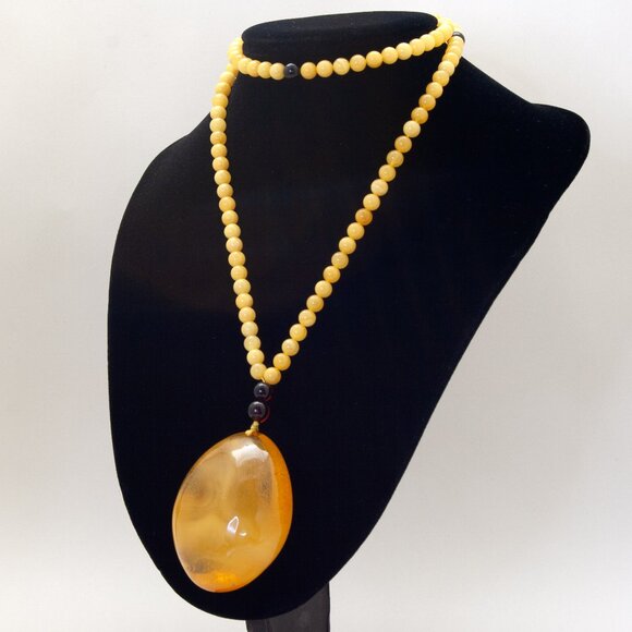 Baltic Amber Beaded Necklace Large Pendant, Boho Long Statement Necklace - Picture 2 of 3